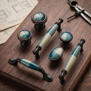 Peut inclure: Une collection de quincaillerie d'ameublement comprenant deux boutons ronds, deux longues poignées, une poignée incurvée et un bouton ovale. Chaque pièce présente une finition en métal bronze foncé et une incrustation à motif à carreaux bleu sarcelle et crème.
