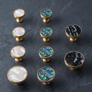 Mother of Pearl & Abalone Brass Cabinet Knobs Set, Luxury Marble Drawer Pulls, Modern Kitchen Hardware, Gold Furniture Knobs Decor Handles