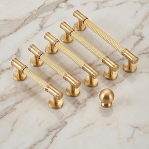 Solid Brass Fluted Bar Cabinet Handles & Round Knob Set, Luxury Gold Kitchen Drawer Pulls, Modern Minimalist Furniture Hardware, Elegant