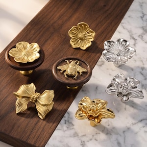 Luxury Floral Cabinet Knobs Set, Brass Flower Butterfly Bee Drawer Pulls, Gold Silver Wood Furniture Handles, Vintage Modern Hardware Decor