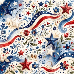 Peut inclure: Un motif numérique au thème patriotique avec des étoiles rouges, blanches et bleues, des rubans fluides et des éléments floraux. Le design comprend des fleurs bleues et rouges style aquarelle, des feuilles vertes, des baies et des glands.