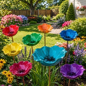 May include: A collection of colorful, flower-shaped garden art pieces. The ceramic flowers are in shades of red, orange, yellow, green, blue, teal, and purple, each mounted on a slender metal stake. They are arranged in a garden setting.