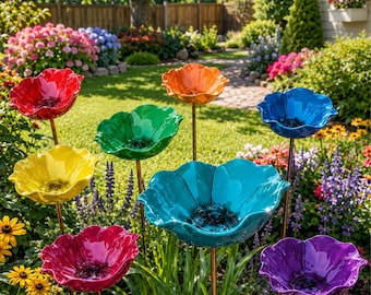 Paletto da giardino per abbeveratoio per uccelli a forma di fiore, mangiatoia per uccelli da esterno, stazione di abbeveraggio per api, decorazione da giardino per farfalle e impollinatori, regalo artistico colorato per il giardino.