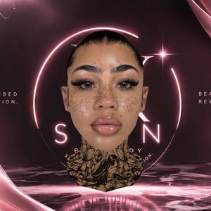 May include: A portrait of a person with freckles and glossy lips centred against a dark pink background with a glowing neon circle. The text reads PRESCRIBED PERFECTION, BEAUTY, REWRITTEN, and SKIN. A black and white floral graphic covers the neck area.