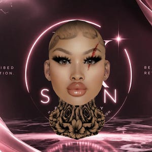 May include: A digital portrait of a face with a red scar over the left eye, long dark eyelashes, and glossy lips. The neck features a black and white floral tattoo. Text reads: PRESCRIBED PERFECTION. BEAUTY, REWRITTEN. The background is dark pink.