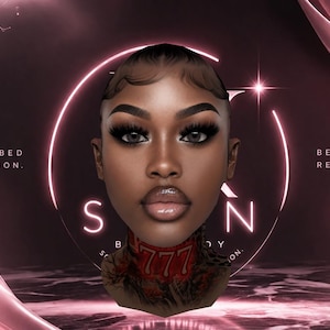 May include: A digital art image featuring a woman's face with dramatic makeup, including long eyelashes and full lips. The image has a pink and purple background with the text "PRESCRIBED PERFECTION" and "BEAUTY, REWRITTEN." A circular neon light surrounds the face.