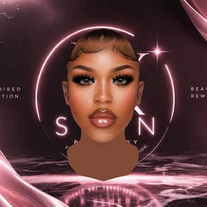 Peut inclure: Illustration numérique d'un visage féminin avec un maquillage complet, sur un fond rose et noir. Le texte « PRESCRIBED PERFECTION » et « BEAUTY, REWRITTEN » est inclus.