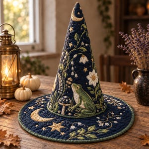May include: A dark blue quilted witch hat featuring intricate embroidery of a green frog, a mushroom, white flowers, golden stars, and a crescent moon. The conical hat has a wide, flat brim and is decorated with botanical vines and celestial motifs.