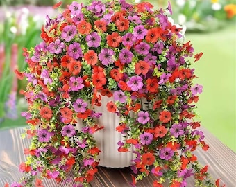 Panier de fleurs artificielles suspendues, fleurs rouge-violet, verdure, décoration extérieure intérieure