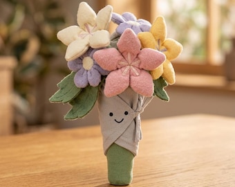 Peluche bouquet de fleurs amusant Jellycat, style amigurumi pastel, emballage en toile de jute, décoration d'intérieur
