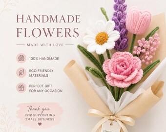 Bouquet de fleurs fait main au crochet | Cadeau fleurs éternelles | Bouquet de roses tricoté | Cadeau fête des mères