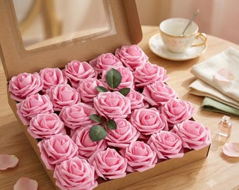 Real Touch Foam Roses, Pink Artificial Flowers Box for Wedding Table Decor, DIY Bridal Bouquet, Valentines Day & Mothers Day Gift Flowers
