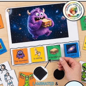 PDF de construcción de oraciones con semántica colorida, 40 escenas ilustradas y tarjetas de vocabulario.