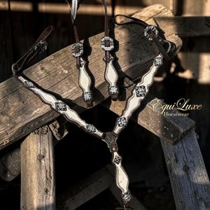 May include: A brown leather horse breast collar and headstall set featuring white leather inlays, silver-toned metal hardware, and decorative square studs. The set includes the text Equi Luxe Horsewear printed in gold on the right side.