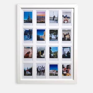 Puede incluir: Un marco de fotos rectangular blanco que contiene dieciséis espacios cuadrados individuales dispuestos en una cuadrícula de cuatro por cuatro. Cada espacio muestra una fotografía a color diferente, incluyendo paisajes, escenas urbanas y grupos.