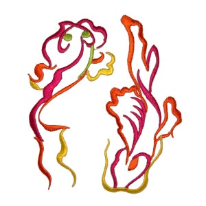 May include: A colorful abstract design with pink, orange, and yellow lines. The design is reminiscent of a flower or a plant.