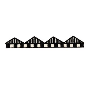 May include: Black and white striped trim with a scalloped edge. The trim is made of fabric and has a repeating pattern of black and white stripes.