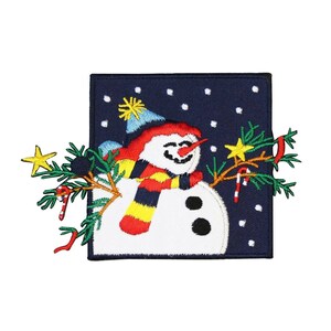 May include: Embroidered patch featuring a snowman with a red, yellow, and blue scarf, a blue hat, and a candy cane in a snowy night scene.