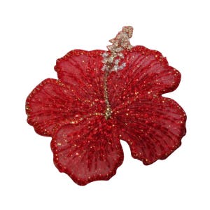 May include: Red glitter hibiscus flower applique. This embroidered patch is perfect for adding a touch of tropical flair to clothing, bags, or home decor.