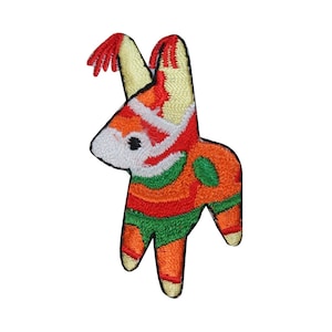 May include: A colorful embroidered pinata shaped like a donkey with a red, orange, green, and white design. The pinata has a yellow horn and red tassels.