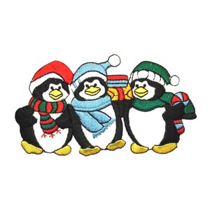 May include: Three embroidered penguins wearing winter hats and scarves. The penguins are holding a gift box and are standing side by side.