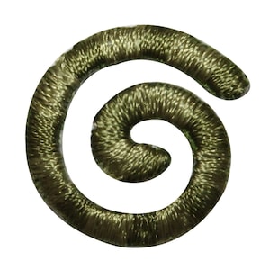 May include: A green embroidered spiral design. The spiral is a single continuous line of thread.