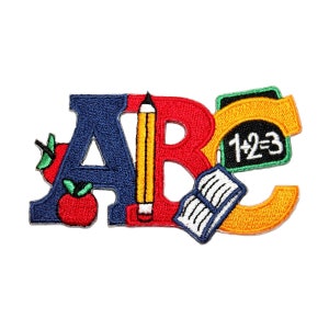 May include: A colorful embroidered patch with the letters A, B, and C. The letter A has a red apple and green leaves, the letter B has a yellow pencil, and the letter C has a book and a green chalkboard with the equation 1+2=3.
