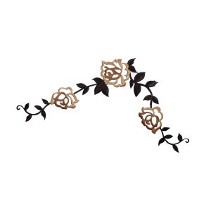 May include: Embroidered design featuring a vine with three brown roses. The vine is black and has leaves.
