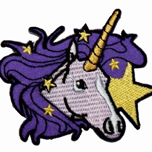 May include: Purple and gold embroidered patch of a unicorn head with a horn and a star. The unicorn has a white face and purple mane.