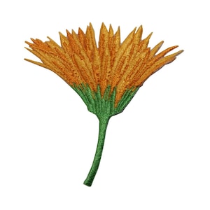 May include: A yellow embroidered flower with a green stem. The flower is a flat, iron-on patch.