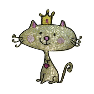 May include: A light green embroidered iron-on patch of a cartoon cat wearing a gold crown and a pink heart. The cat has pink cheeks and a pink nose.