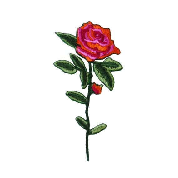 ID 6684 Red Rose on Stem Patch Love Garden Symbol Embroidered Iron