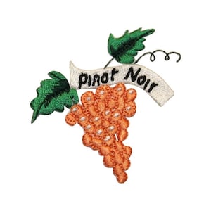 May include: Embroidered iron-on patch featuring a bunch of orange grapes with a white banner that reads "Pinot Noir" and green leaves.