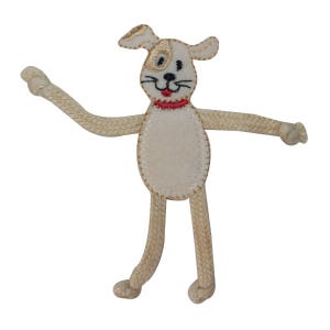 May include: A beige felt dog applique with a red collar and embroidered brown eyes. The dog has a happy expression and is standing with its arms outstretched.