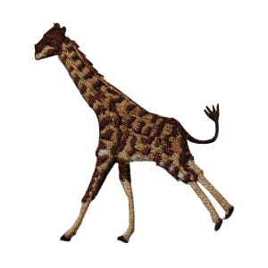 May include: An embroidered patch of a brown and tan giraffe running to the right. The giraffe has a long neck and a long tail.