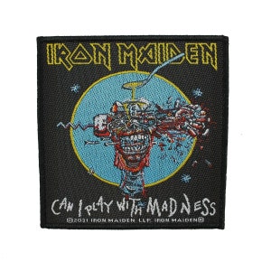 May include: Black square patch featuring the text "IRON MAIDEN" in gold letters. The patch has a central design of a monster head with a blue circle background and the text "CAN I PLAY WITH MADNESS".