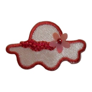May include: A white felt applique of a red-trimmed sun hat with a pink flower embellishment.