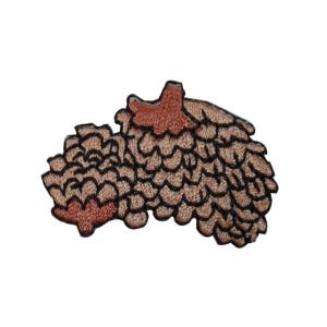 May include: An embroidered patch depicting two pine cones in shades of brown and tan.