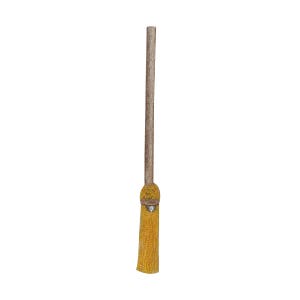 May include: A yellow broom with a wooden handle. The broom has a decorative knot at the top of the handle.