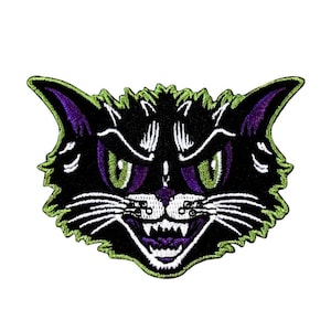 Scary Black Cat Patch Kreepsville Feline Face Halloween Craft Iron-On Applique