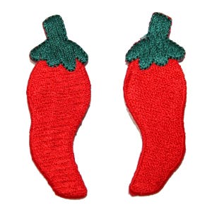 May include: Two red chili pepper shaped embroidered patches with green tops.