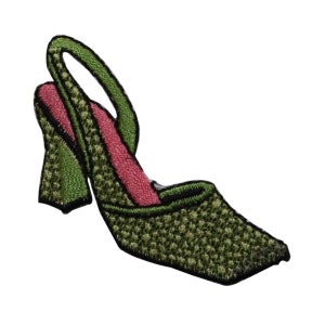 May include: Green and pink embroidered iron-on patch of a high-heeled shoe.