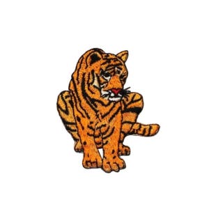 May include: An embroidered iron-on patch of an orange and black tiger sitting with its head turned to the side.