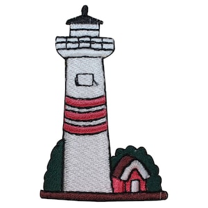 May include: White and red striped lighthouse with a black roof and a small red house in front of it. The lighthouse is surrounded by green bushes.