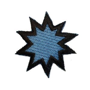 May include: A blue and black embroidered star with eight points.