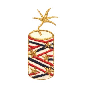 Può includere: Un petardo a strisce rosso, bianco e blu con stelle dorate e una scintilla dorata in cima.