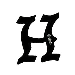 May include: Black felt letter H with three clear rhinestones. The letter is in a gothic style font.