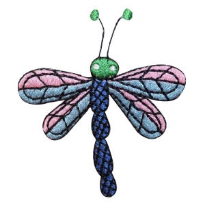 May include: A blue and pink dragonfly with green eyes and a black body. The dragonfly is embroidered with intricate details.