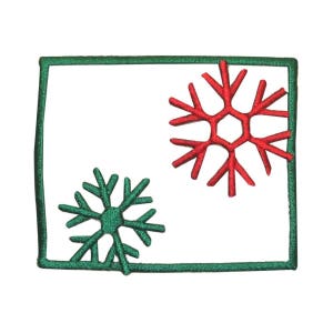 May include: A green frame with a red snowflake on the right side and a green snowflake on the left side.