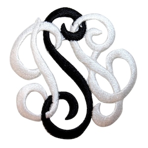 May include: Black and white embroidered monogram initial letter S with a decorative script font.